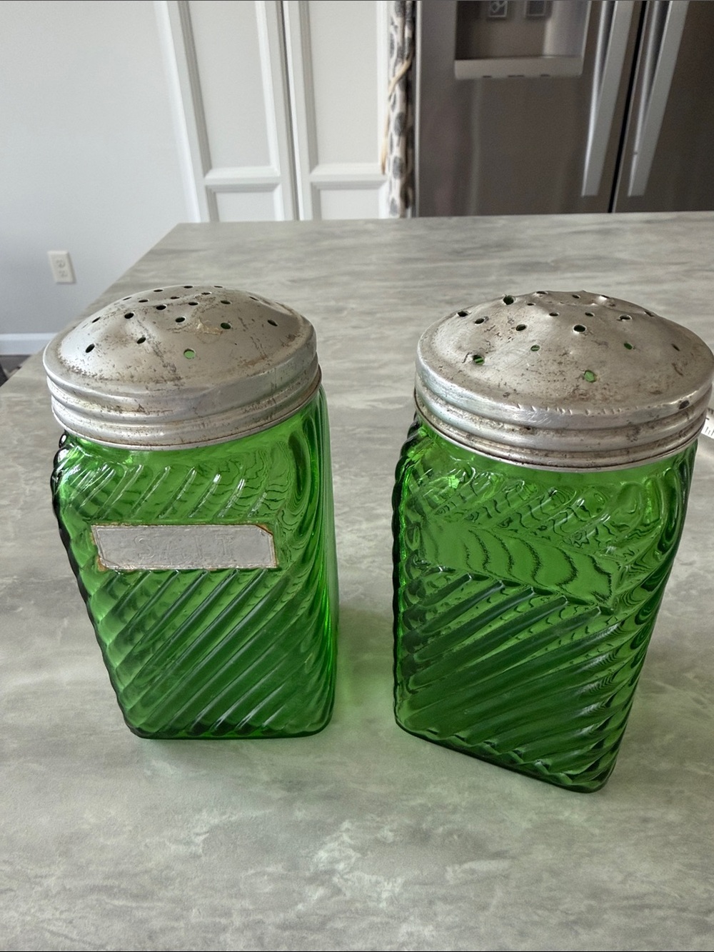 Green Swirled Glass Salt and Pepper Shakers